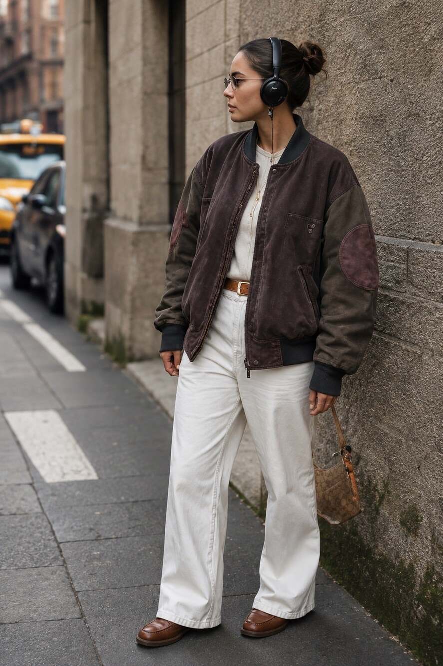 Vintage Suede Oversized Bomber Varsity Jacket Preppy Sporty Brown Green Medium